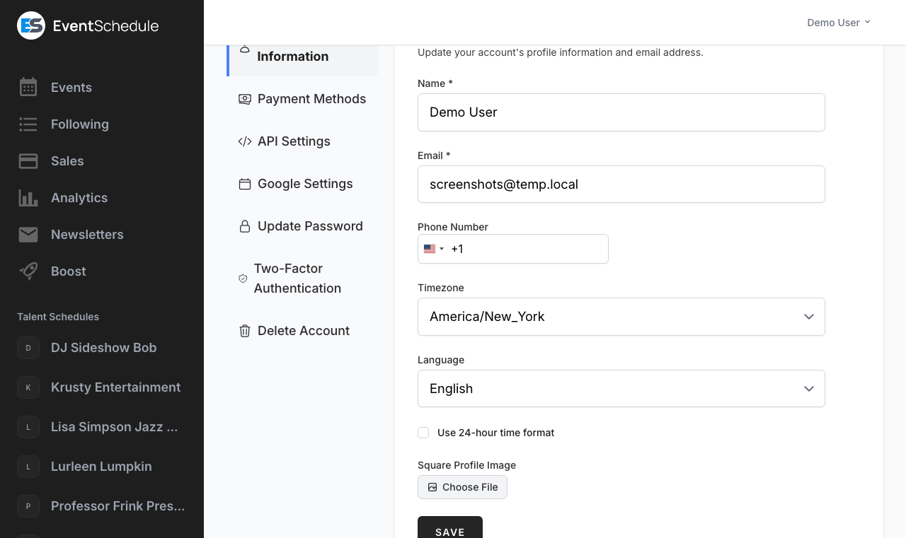 Account settings page
