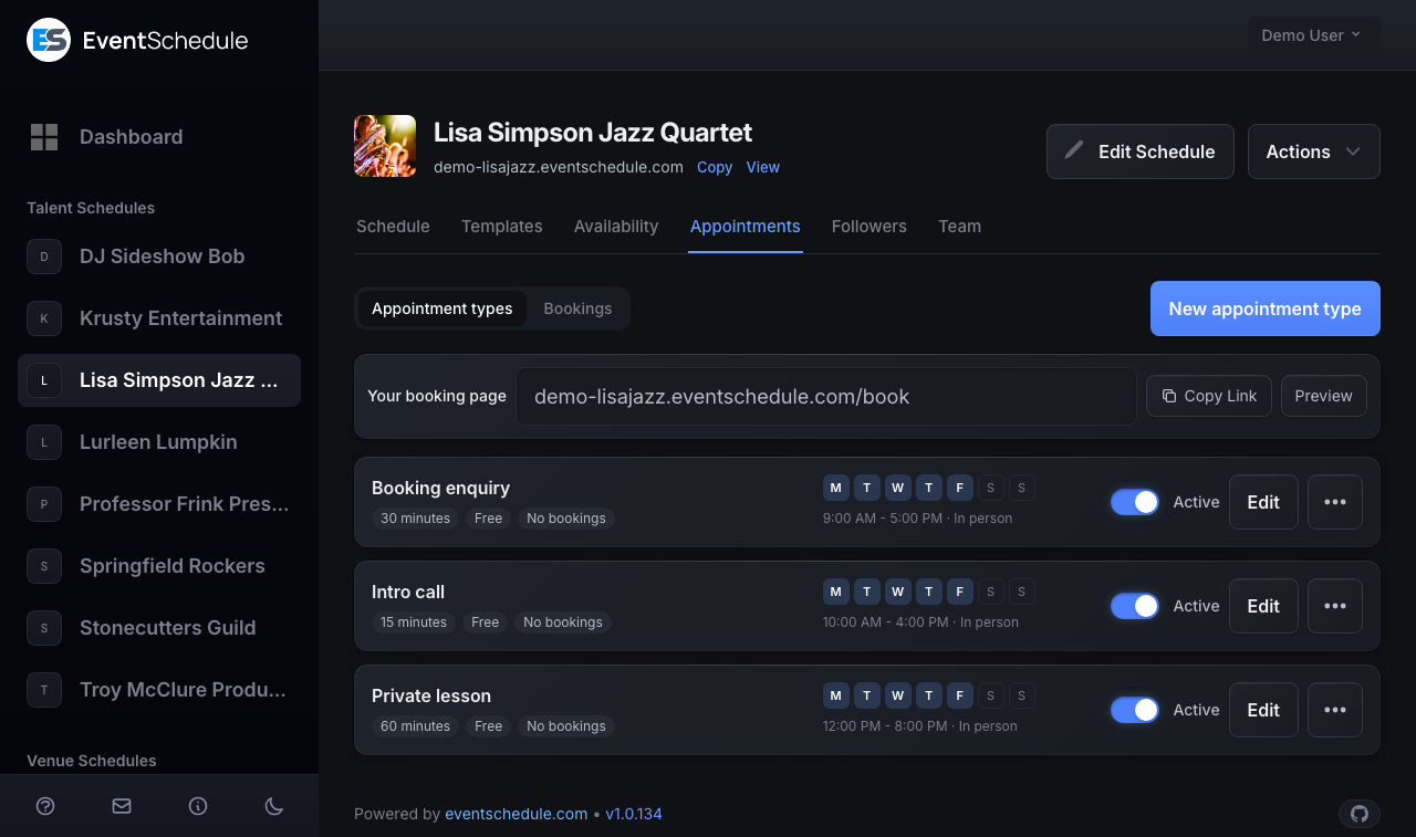 Appointments: The Appointments tab, listing appointment types