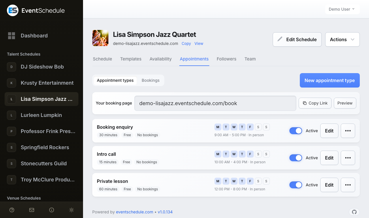 Appointments: The Appointments tab, listing appointment types