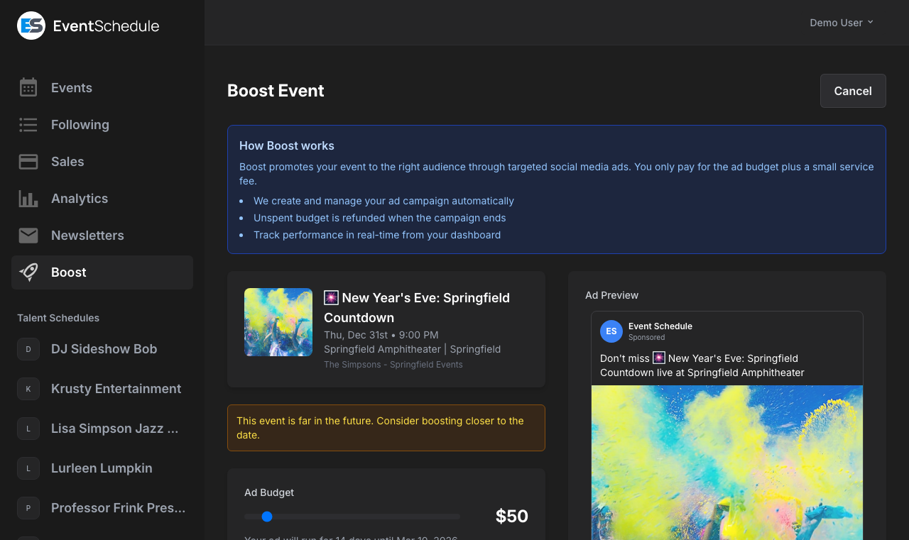 Boost event creation form