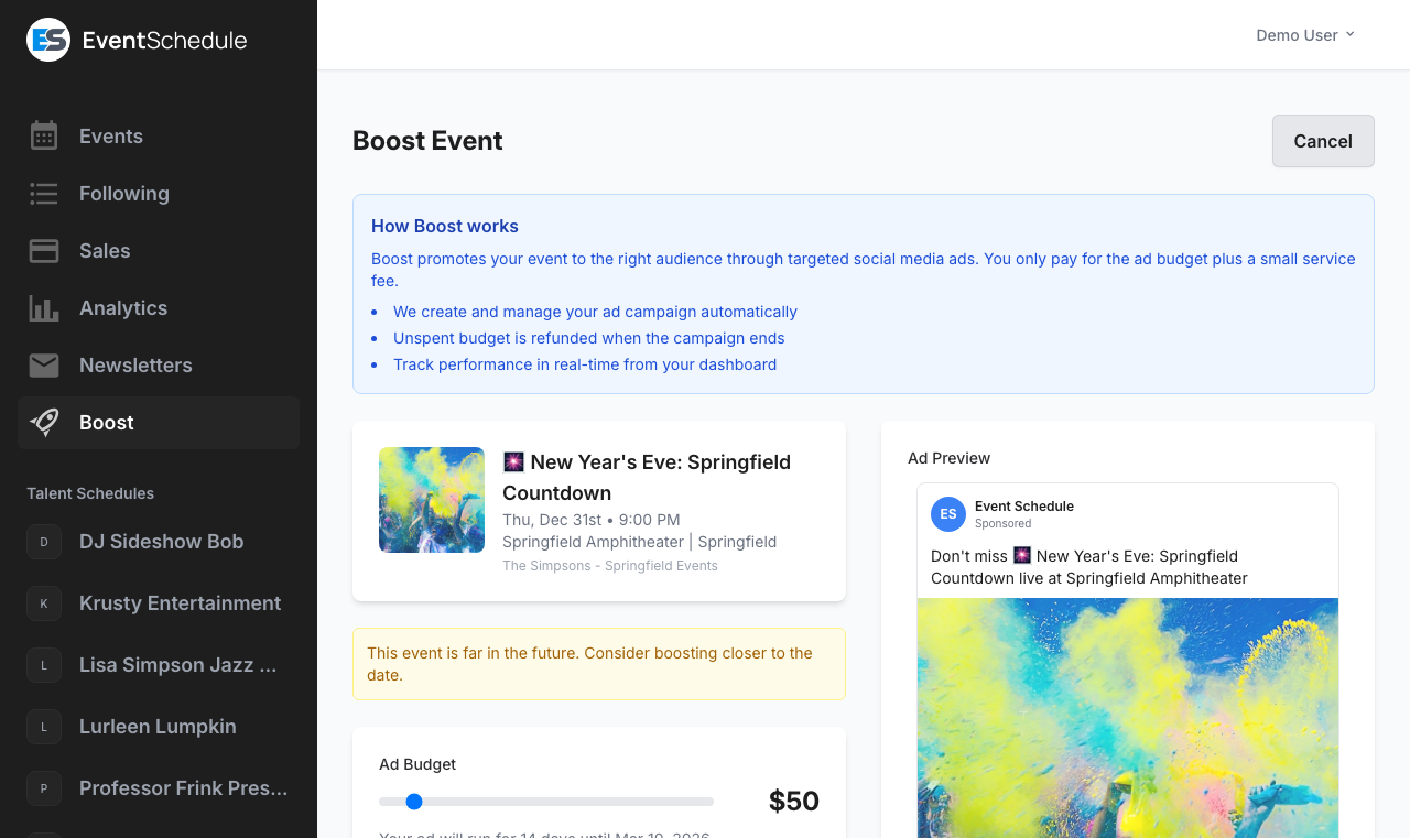 Boost event creation form