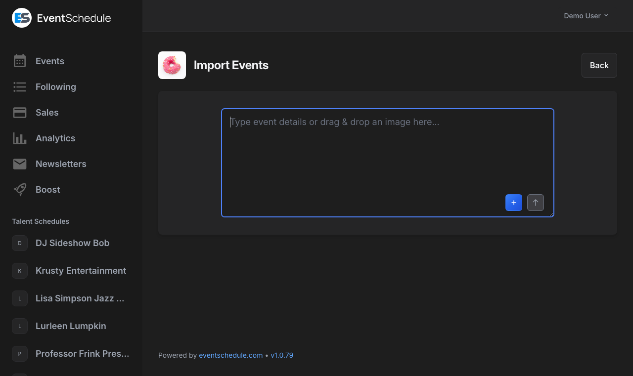 Import events page