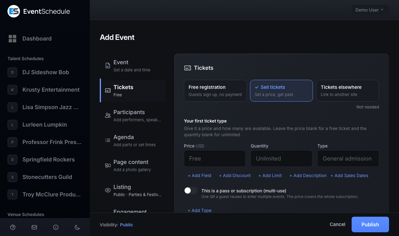 Subscriptions & Passes: The Tickets tab of an event, where a ticket type becomes a pass