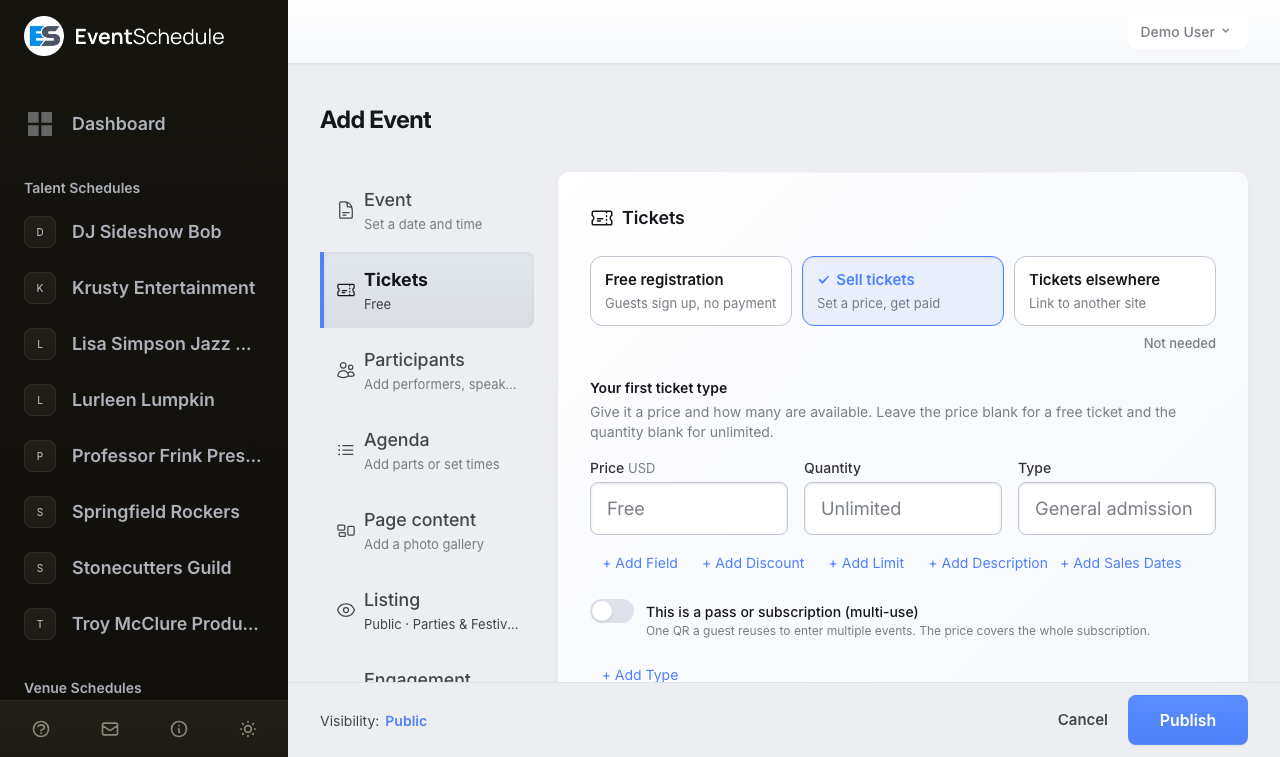 Subscriptions & Passes: The Tickets tab of an event, where a ticket type becomes a pass
