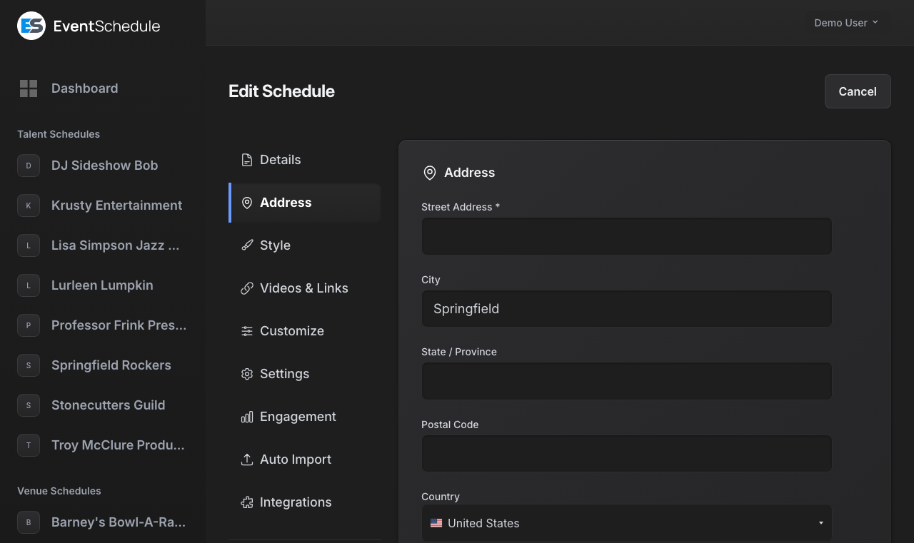 Schedule address settings