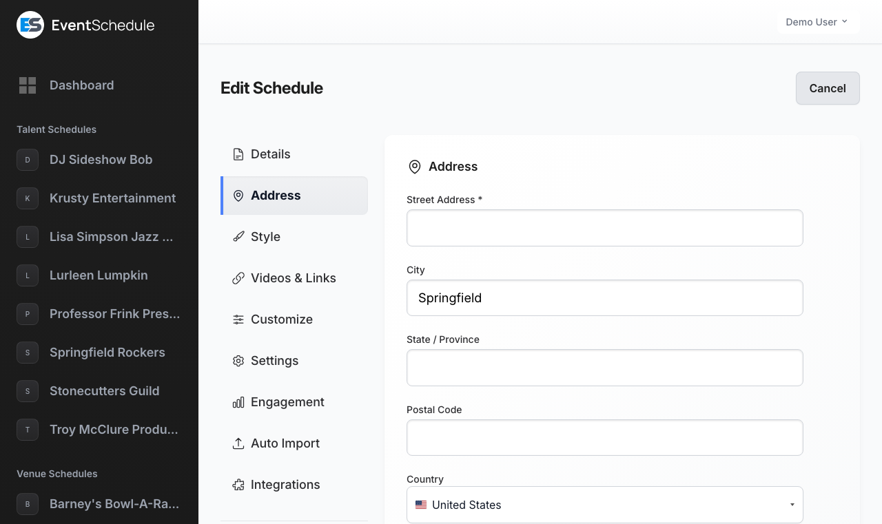 Schedule address settings