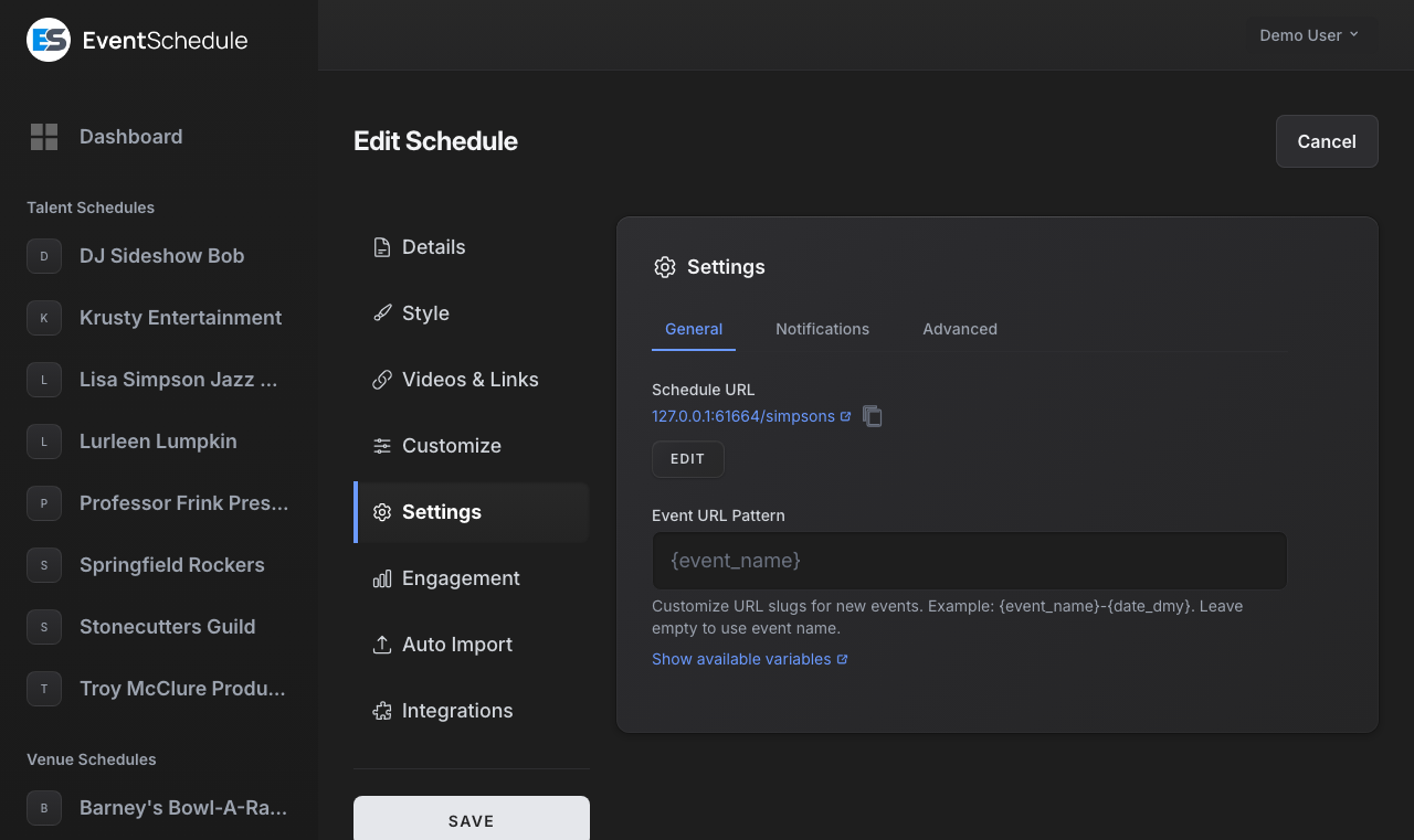Schedule settings