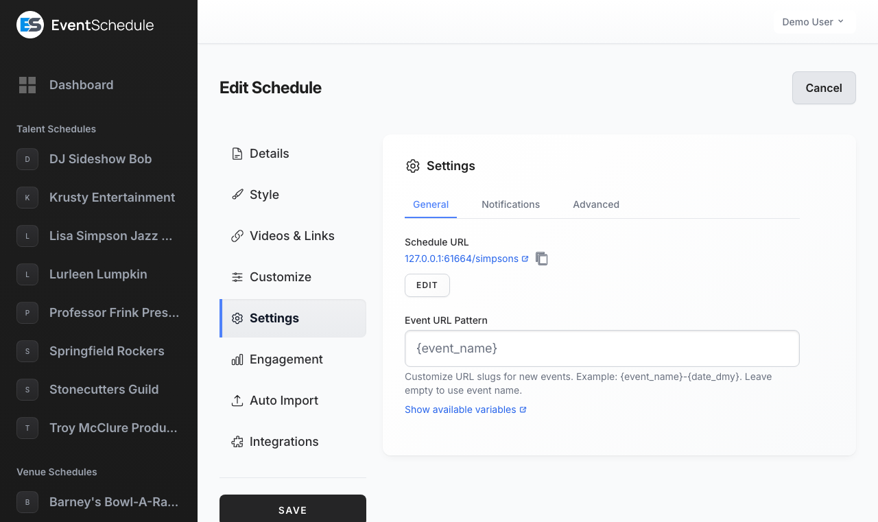 Schedule settings