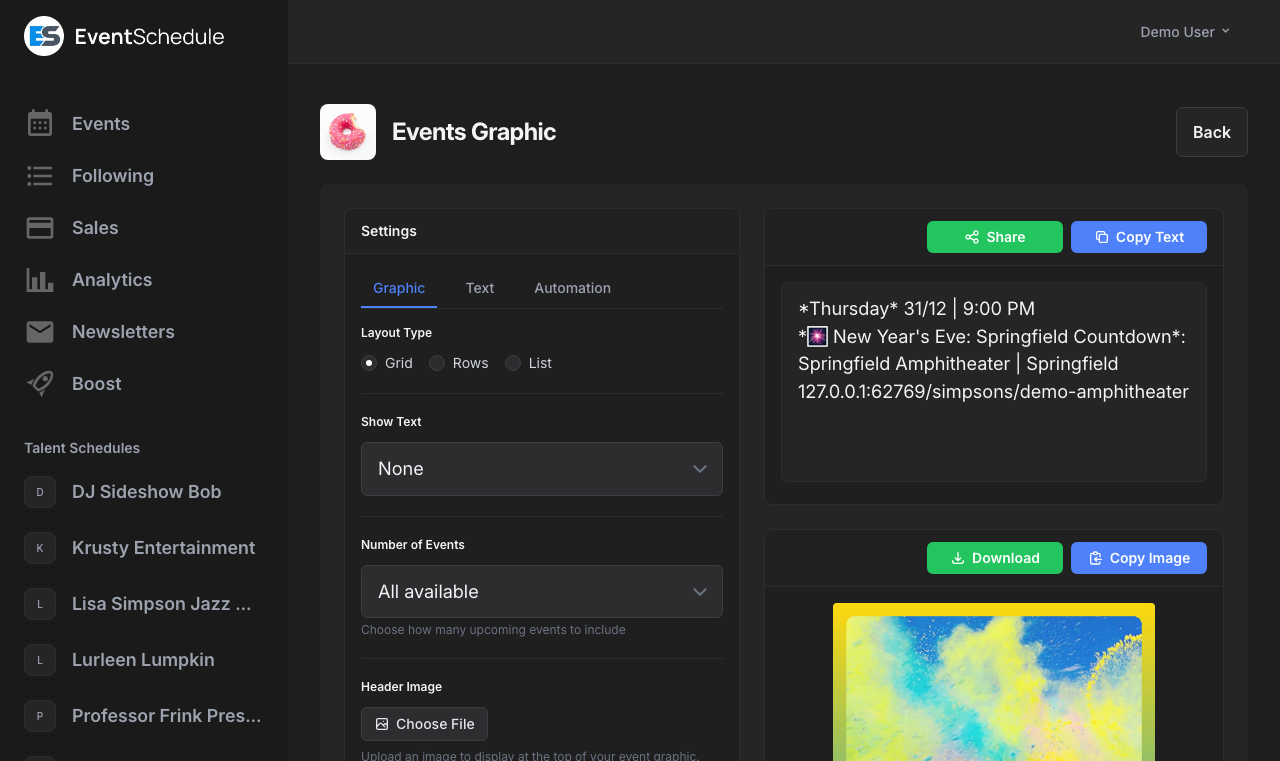 Event graphics page with generated graphic