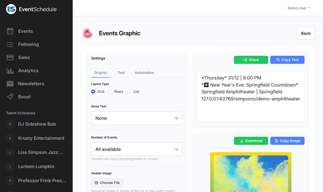 Event graphics page with generated graphic