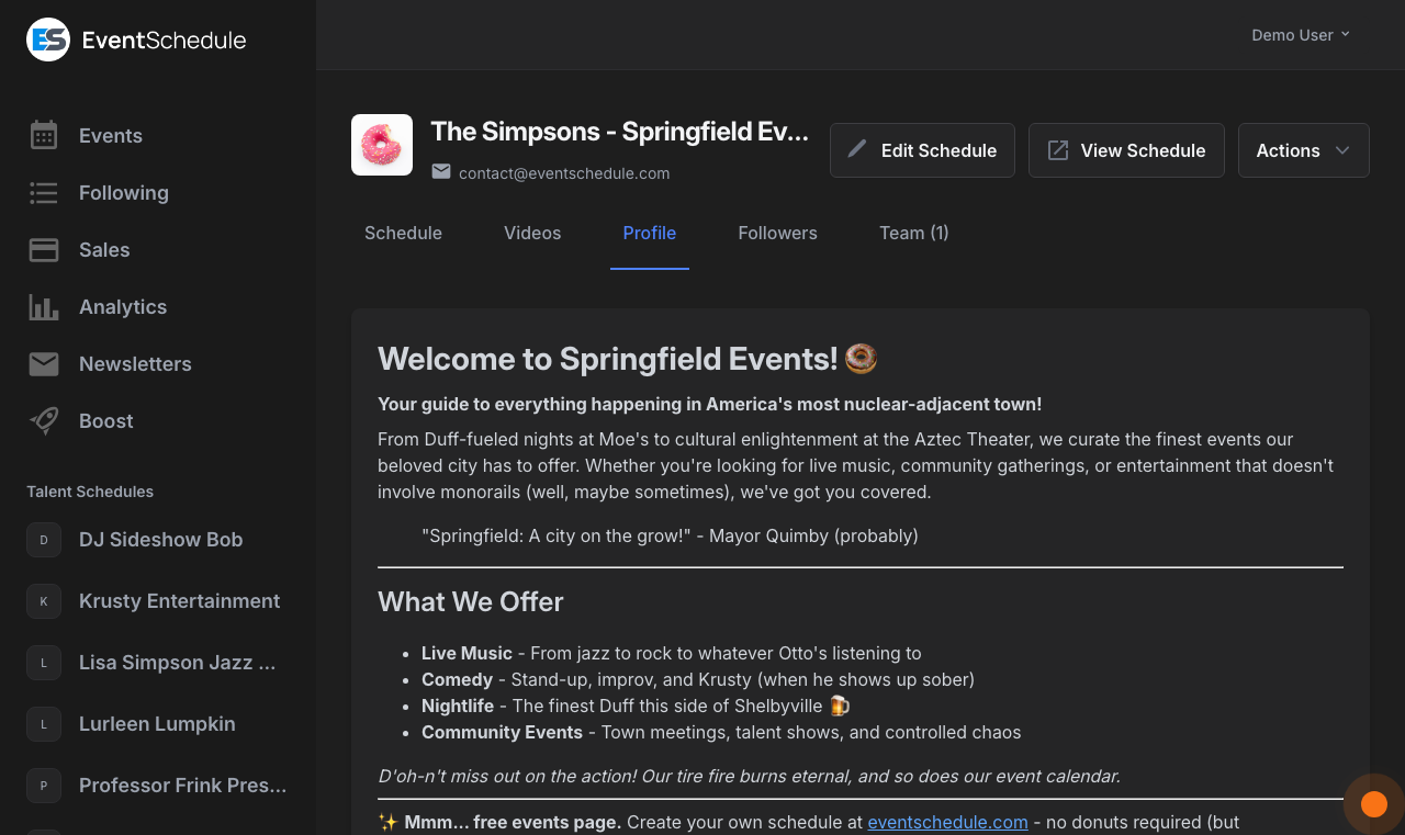 Profile tab showing schedule info