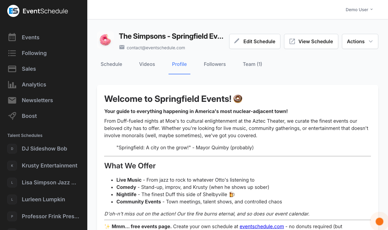 Profile tab showing schedule info