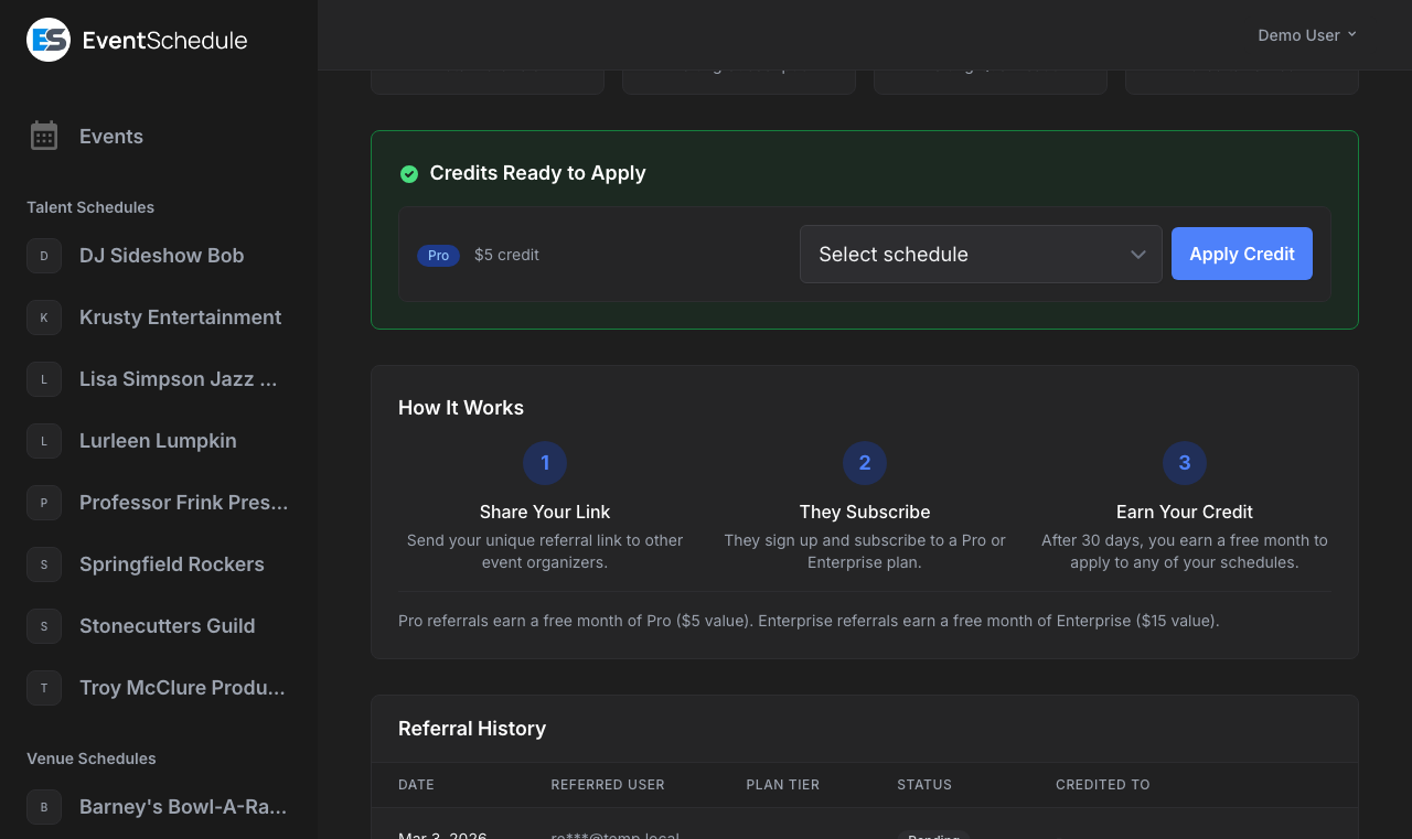 Referral dashboard statistics