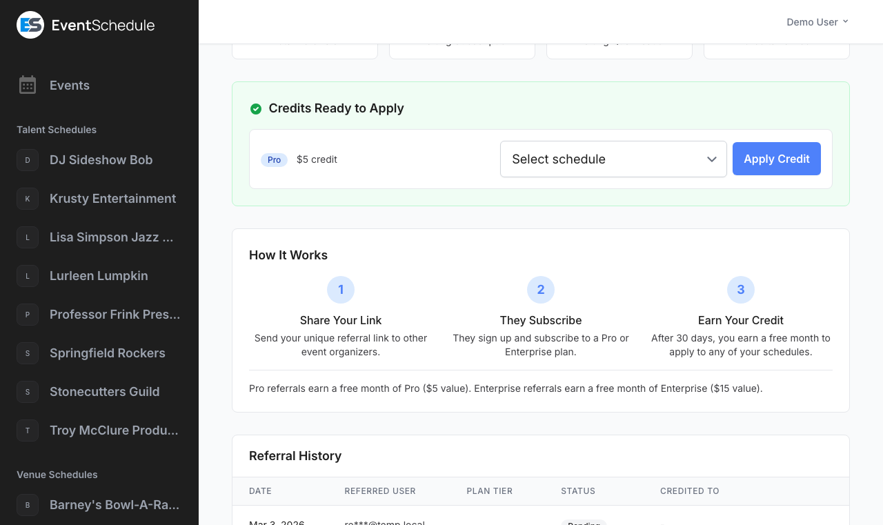 Referral dashboard statistics