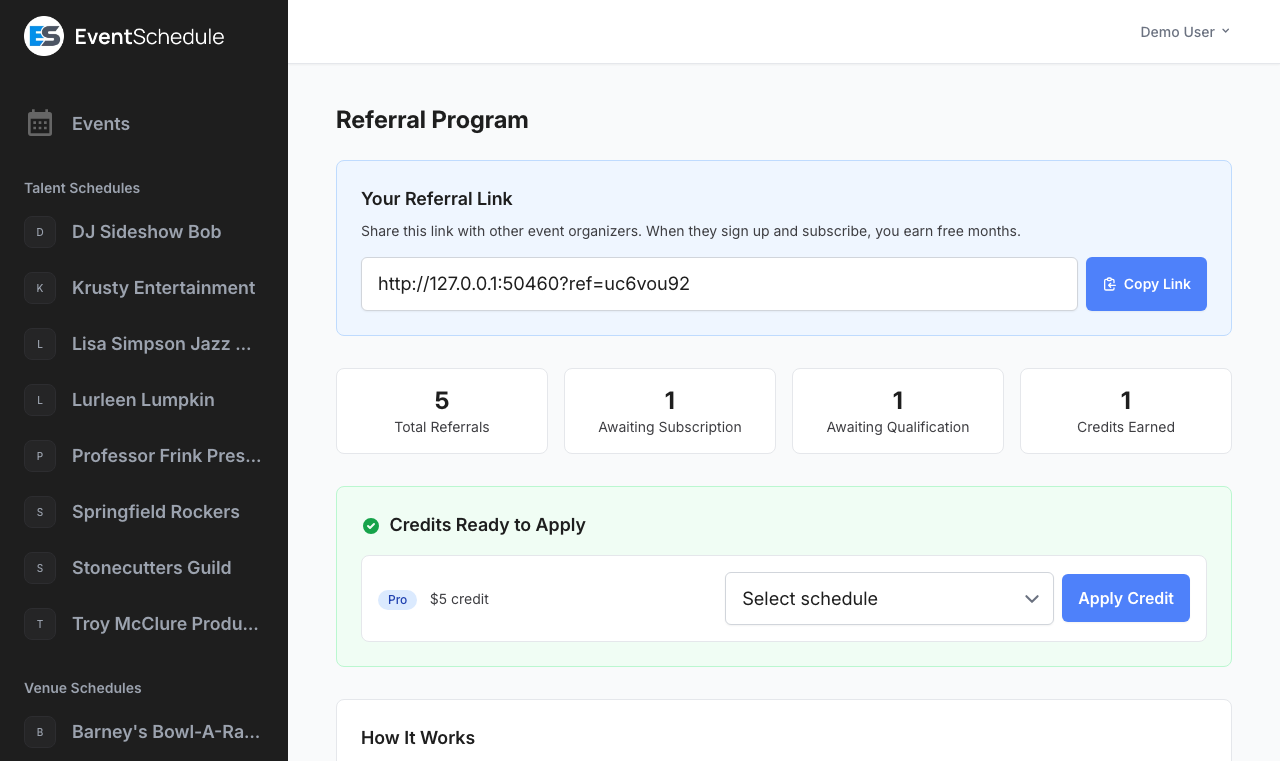Referral link panel