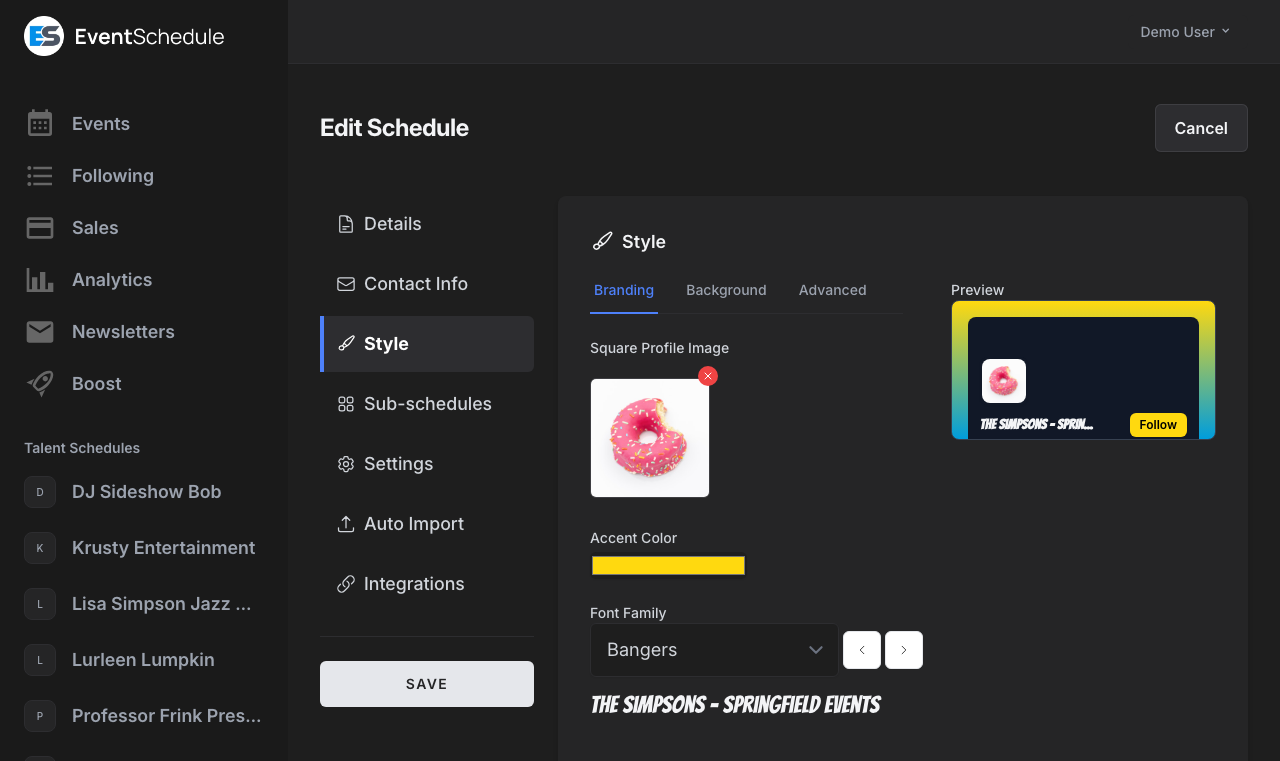 Schedule styling settings