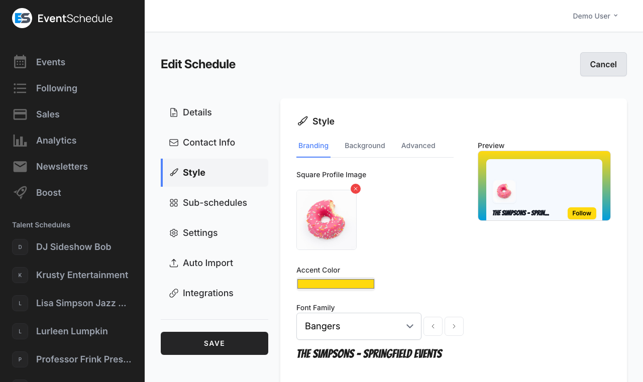 Schedule styling settings