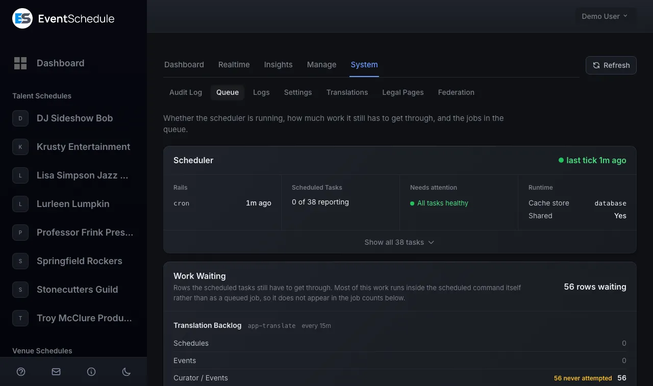 The Queue screen: a Scheduler card reading last tick 1 minute ago, and the work waiting.