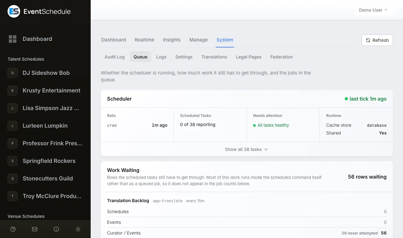 The Queue screen: a Scheduler card reading last tick 1 minute ago, and the work waiting.