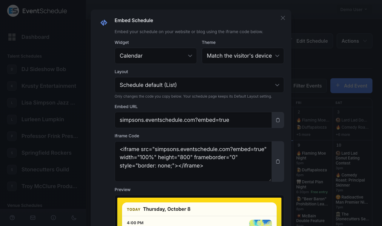 Sharing Your Schedule: The Embed Schedule dialog