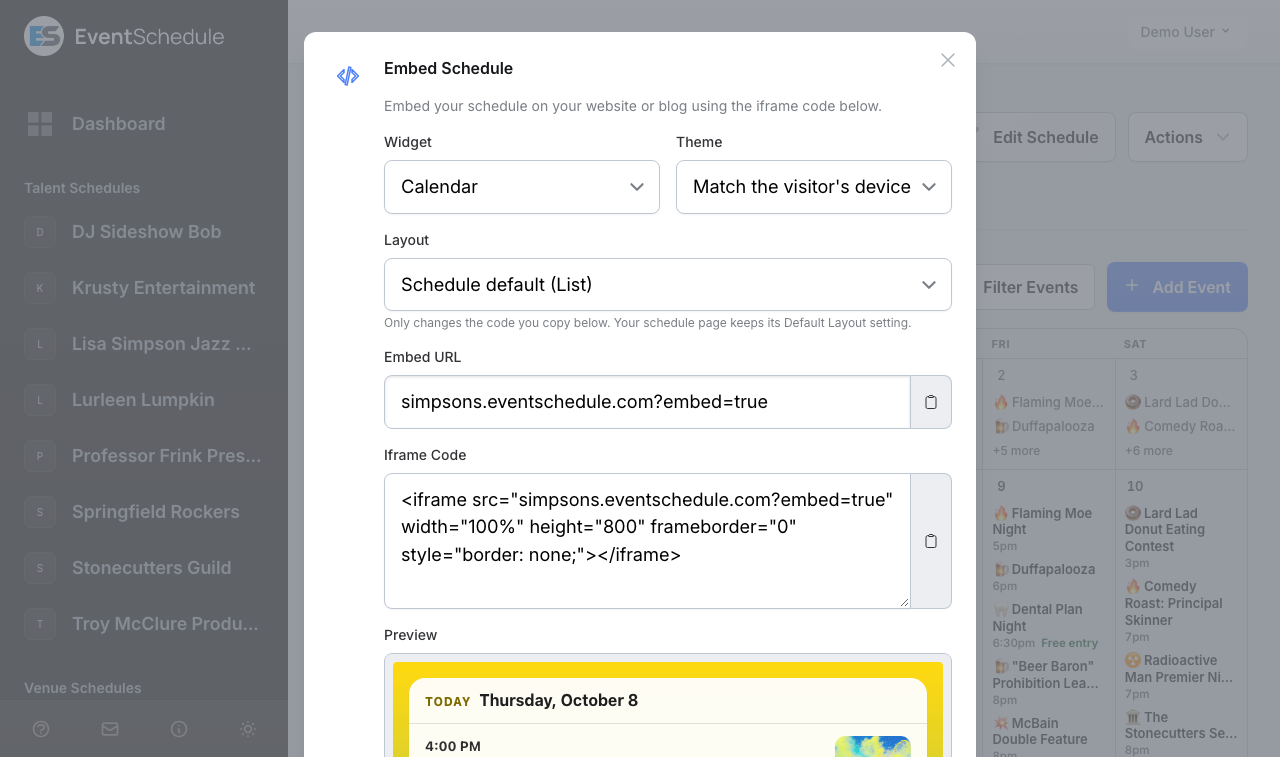 Sharing Your Schedule: The Embed Schedule dialog
