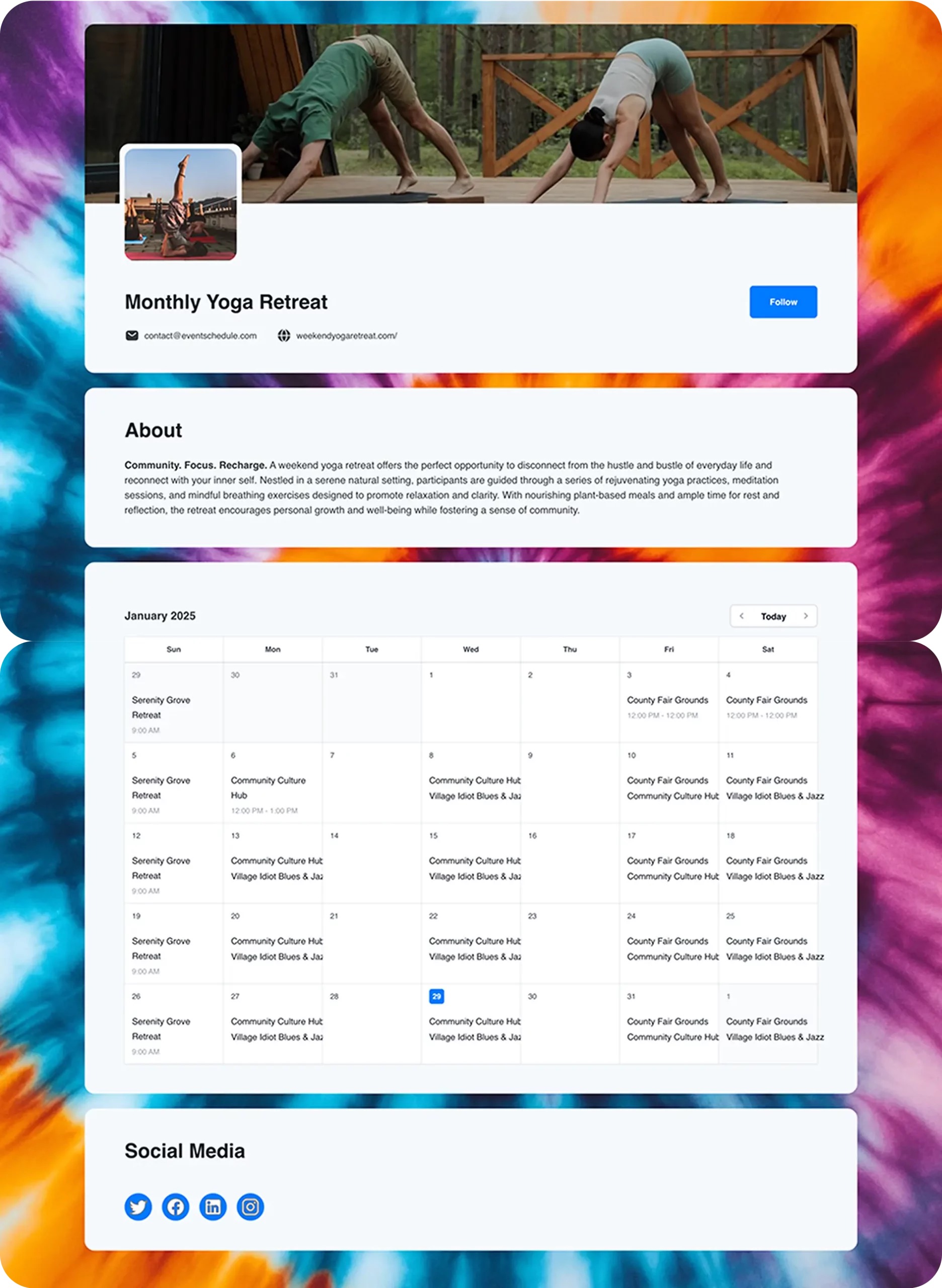 Event Schedule calendar view showing upcoming events in a clean grid layout